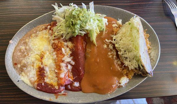 The #1 Combination Plate! Enchilada, Pork Tamale, Cheese Chile Relleno, Beef Taco and rice and beans.