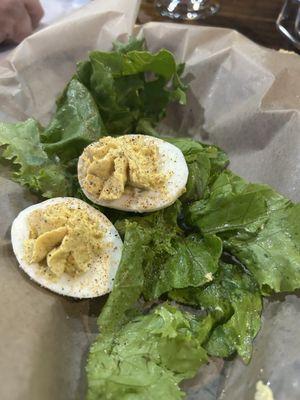 Deviled Eggs with Bacon Jam. They serve 6 halves. We split them.