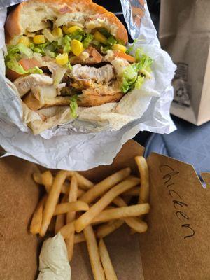 Chicken burger with fries