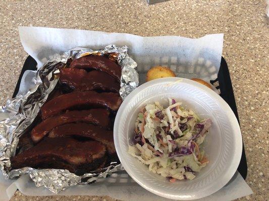 Half slab with coleslaw and cornbread muffins.