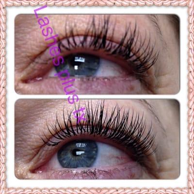 Upper eye: After three weeks lash application. Lower eye: A refill