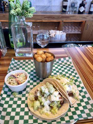 Fish tacos with side (tots!)