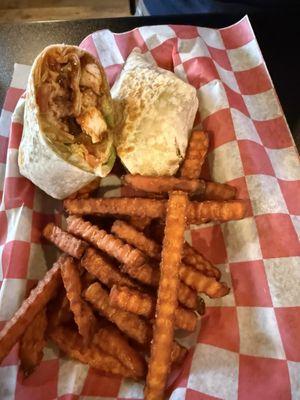 Nashville hot chicken wrap with sweet potato fries