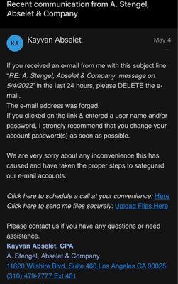 Email from accounting firm showing they have been hacked.