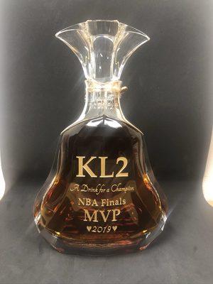 Professionally sandcarved bottle of Hennessy Paradis for the man, Kawhi Leonard.