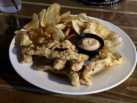 fried pork fritters and homemade chips