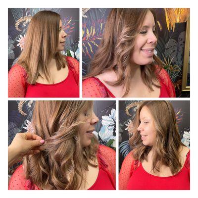 She had grown out highlights with an ashy dark blonde root,and wanted something more natural and richer looking color. I think we nailed it.