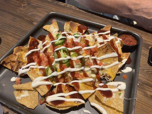 BBQ Pork Nachos ($14), During Happy Hour take $5 off