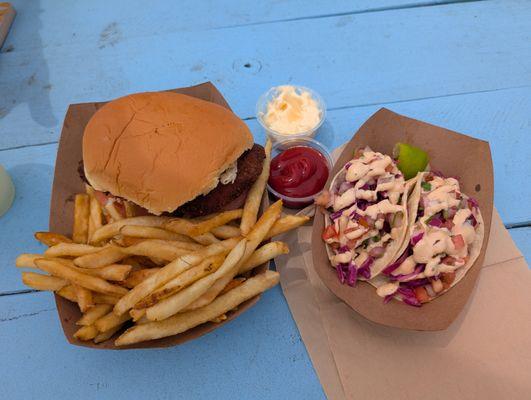 fried chicken sandwich and fish tacos