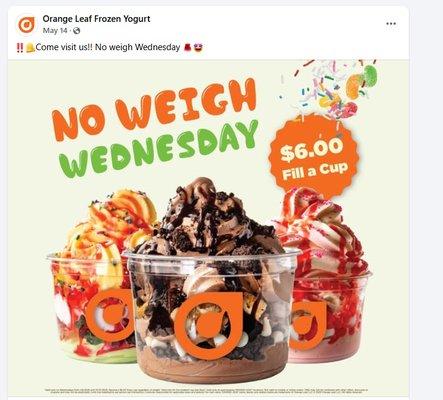 No Weigh Wednesday from Orange Leaf's social media.