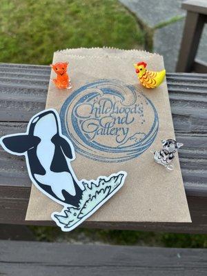 Sticker and glass blown cats and chicken