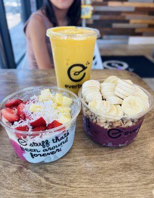 Blue Lagoon Bowl, Acai Bowl w/ Granola & Bananas, and a Glow Up Smoothie (Mango smoothie)
