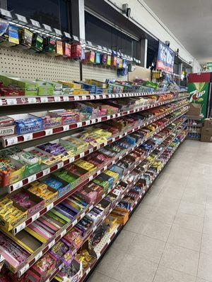Candy, Chocolates, Gum, Medicine, and home essentials.