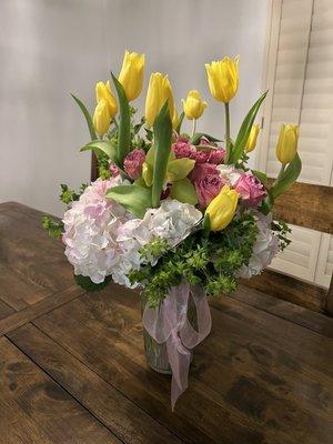 Flowers two days after delivery. Tulips are blooming nicely.