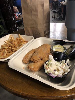 Chicken, coleslaw, and fries.