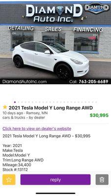 The car I purchased from Diamond auto.