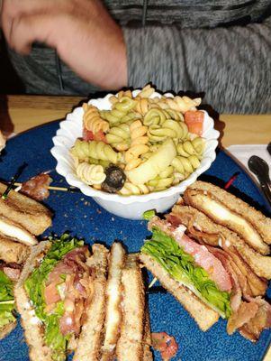 Fried chicken cutlets club with side of pasta salad