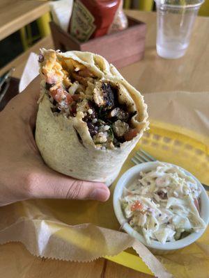 Blackened swordfish burrito with coleslaw