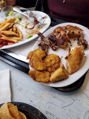 Fried chicken salad and fries. So good not dry at all.