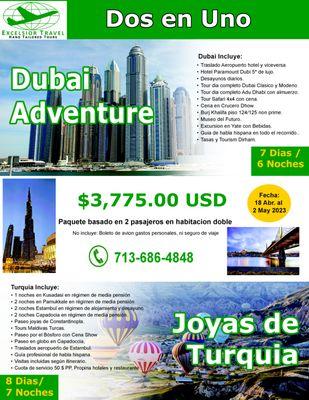Take advantage of our Special Promotion of Two destinations in one trip!! Turkey and Dubai April 2023, reserve your spot now!!!