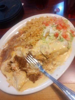 Beef Chimichanga with rice and beans.