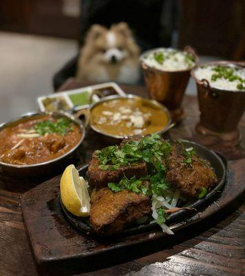 Lamb Chops (4 pc-$28), Chicken Tikka Masala ($17), Lamb Korma ($18), Rice ($3 x2) - Covered dog-friendly outdoor seating!