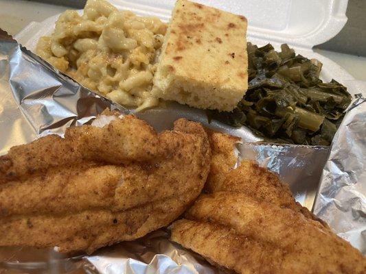 Fresh catfish (spicy if you want it that way). Mac n cheese that rivals Chick-fil-A , slow cooked collards, and crunchy corn bread.