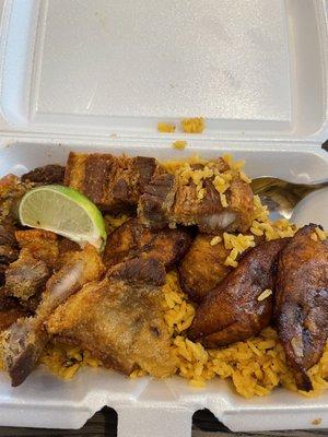 Fried pork and rice and beans