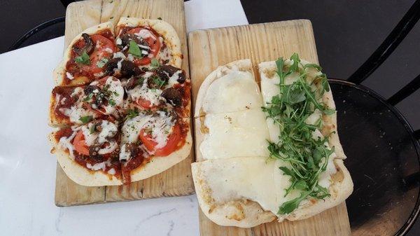 Rossa Flatbread (with Mushrooms) and Bianca Flatbread (hold the Arugula on half)