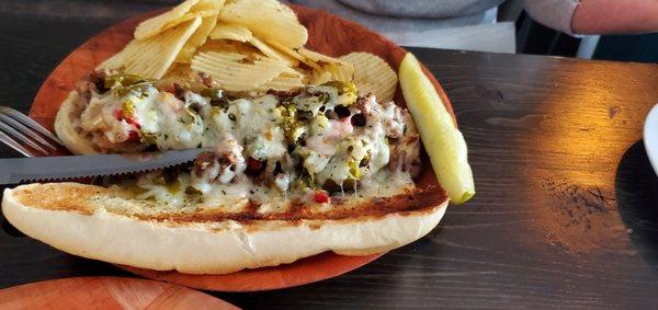 Steak, onions, peppers and cheese. Highly recommend