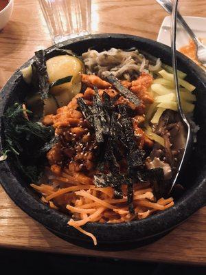 Spicy chicken bibimbap - incredibly flavorful. Loved the crispy rice.