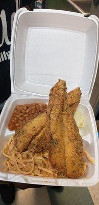 Fried fish crawfish pasta baked beans and potato salad
