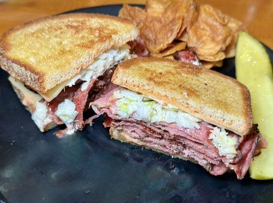 Pastrami sandwich on toasted rye bread