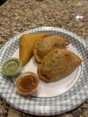 Chicken Maiz, Shredded beef and Greek empanadas