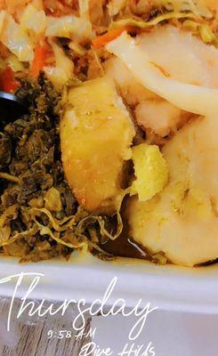 Calaloo, boiled food, cabbage and salt mackerel, cornmeal dumpling with hot ginger tea