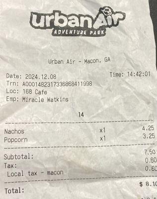 Nacho and Popcorn. Only took 1 minute for my popcorn but 20 more minutes to get pre cooked nachos and canned cheese.....