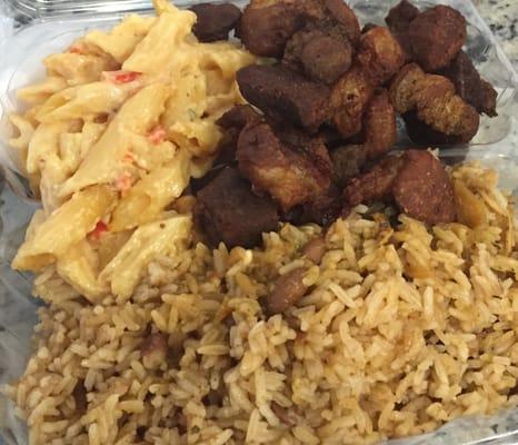 Fried Pork, mac & cheese with rice & beans