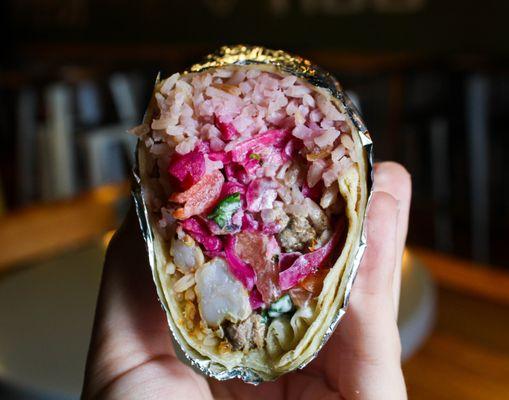Surf & Turf: flour tortilla or wheat tortilla, rice, steak, shrimp pickled cabbage, pico de gallo and sour cream