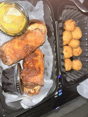 Seafood egg rolls and hush puppies. Not the best, unfortunately.