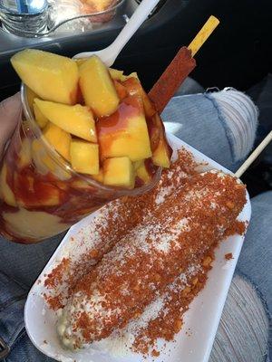 Mangonada and hot Cheetos elote