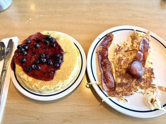 Double Blueberry Pancakes, turkey bacon, and hash browns.