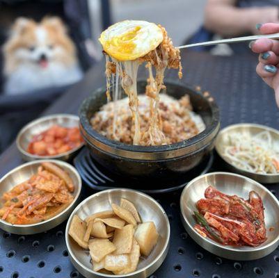 Cheese Dolsot w/ rice, spicy pork (not spicy), bell peppers, cheese, egg, banchan | $23.95