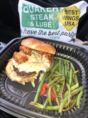 Garlic Cheese curd parm burger with green beans. So good!