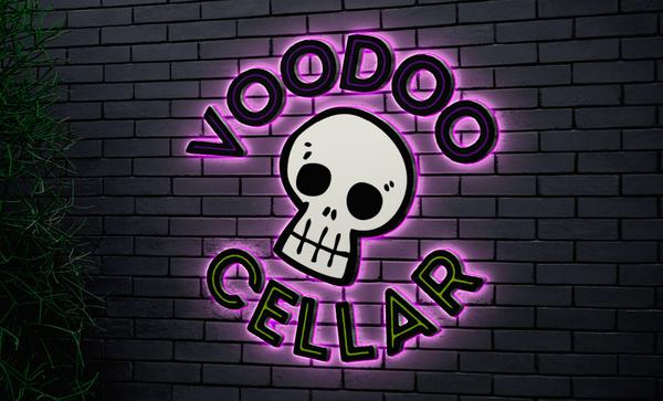 Voodoo Cellar Neon sign inside of the pub.