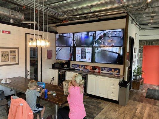 Main waiting room, with cameras to view your kid