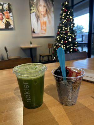 Mini berry chia parfait $5.99 and Green Apple detox $6.89