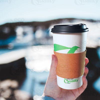Biodegradable PLA Lined Disposable Paper Hot Cups with Black Dome Lids and Sleeves