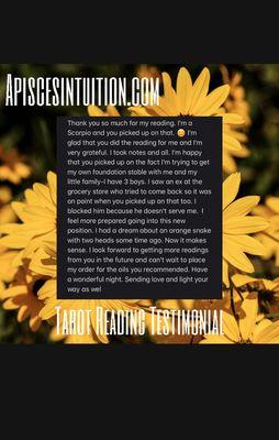 Tarot reading testimonial!!! Visit apiscesintuition.com