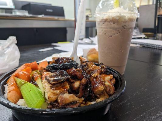 Teriyaki chicken, Mocha smoothie and donut treat