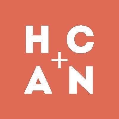 Modern minimalist logo for HCAN, featuring bold white letters on a terracotta red background with a plus sign at the center.